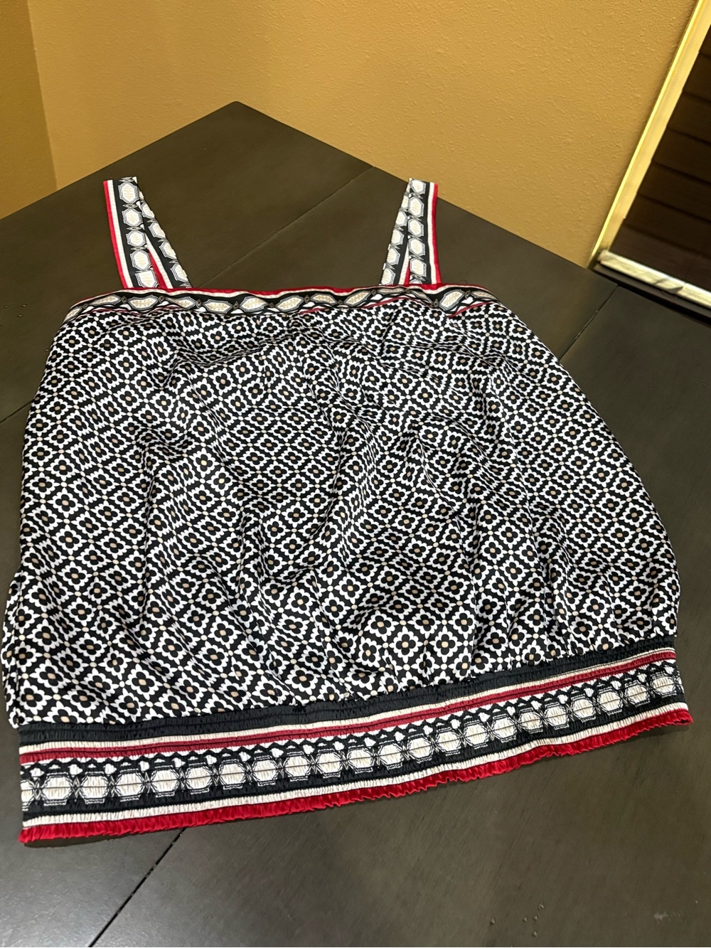 White House Black Market Black & White Geometric Camisole with Red Trim